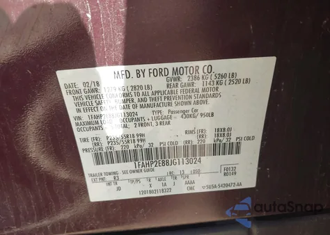 2018 Ford Taurus Sel из США, поврежденный, VIN 1FAHP2E88JG113024